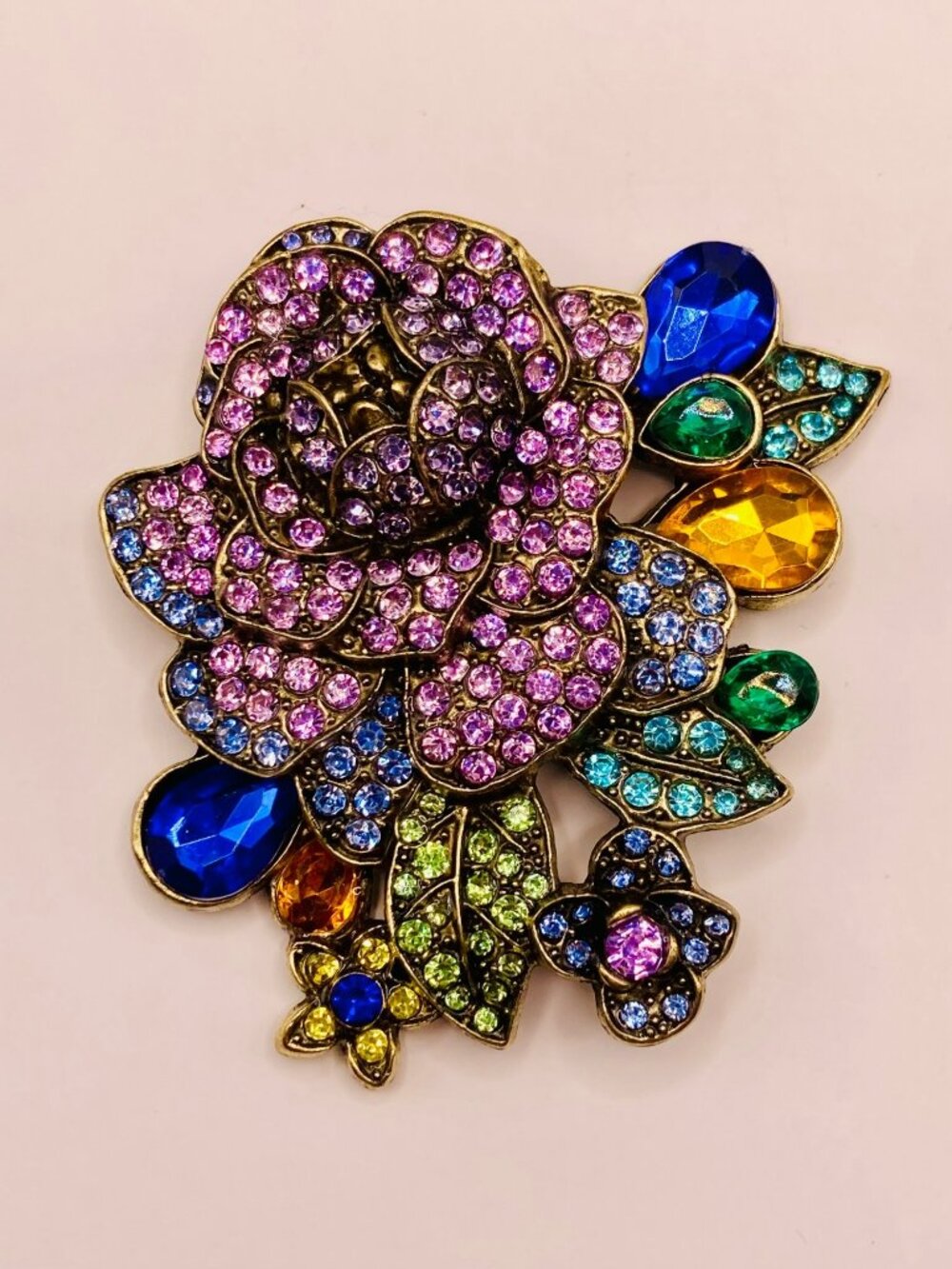 Multicolor Rhinestone Rose Brooch Pin Gold-Tone -110B